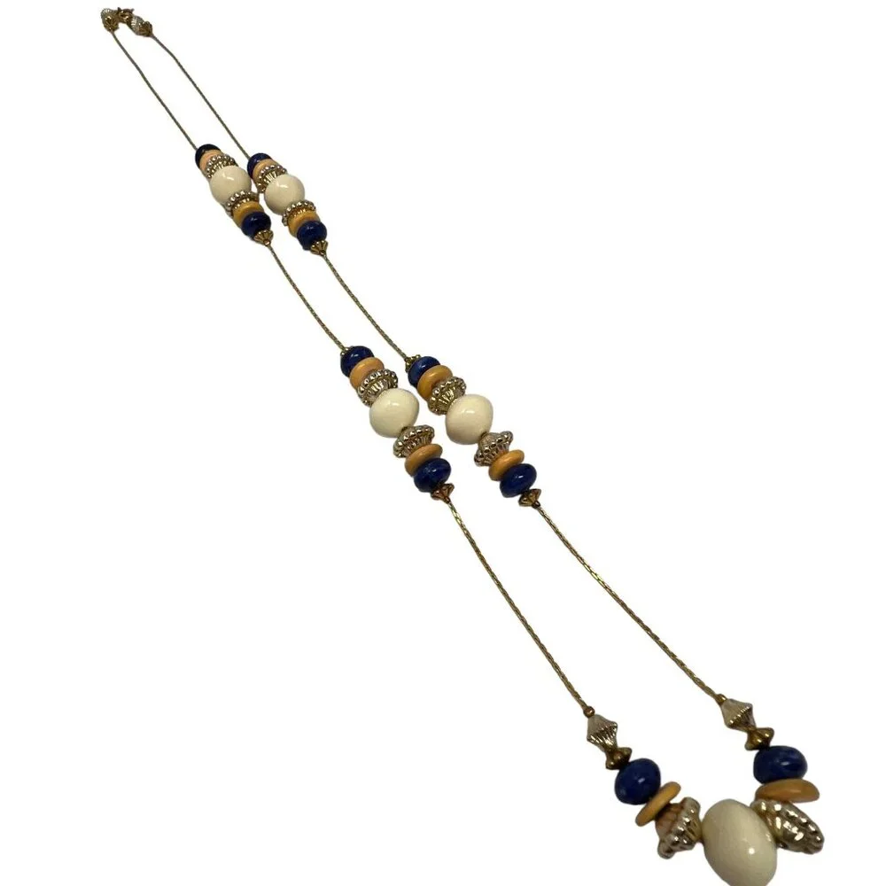 Beaded‎ Necklace Gold Tone Chain Blue White Blue Yellow Beads